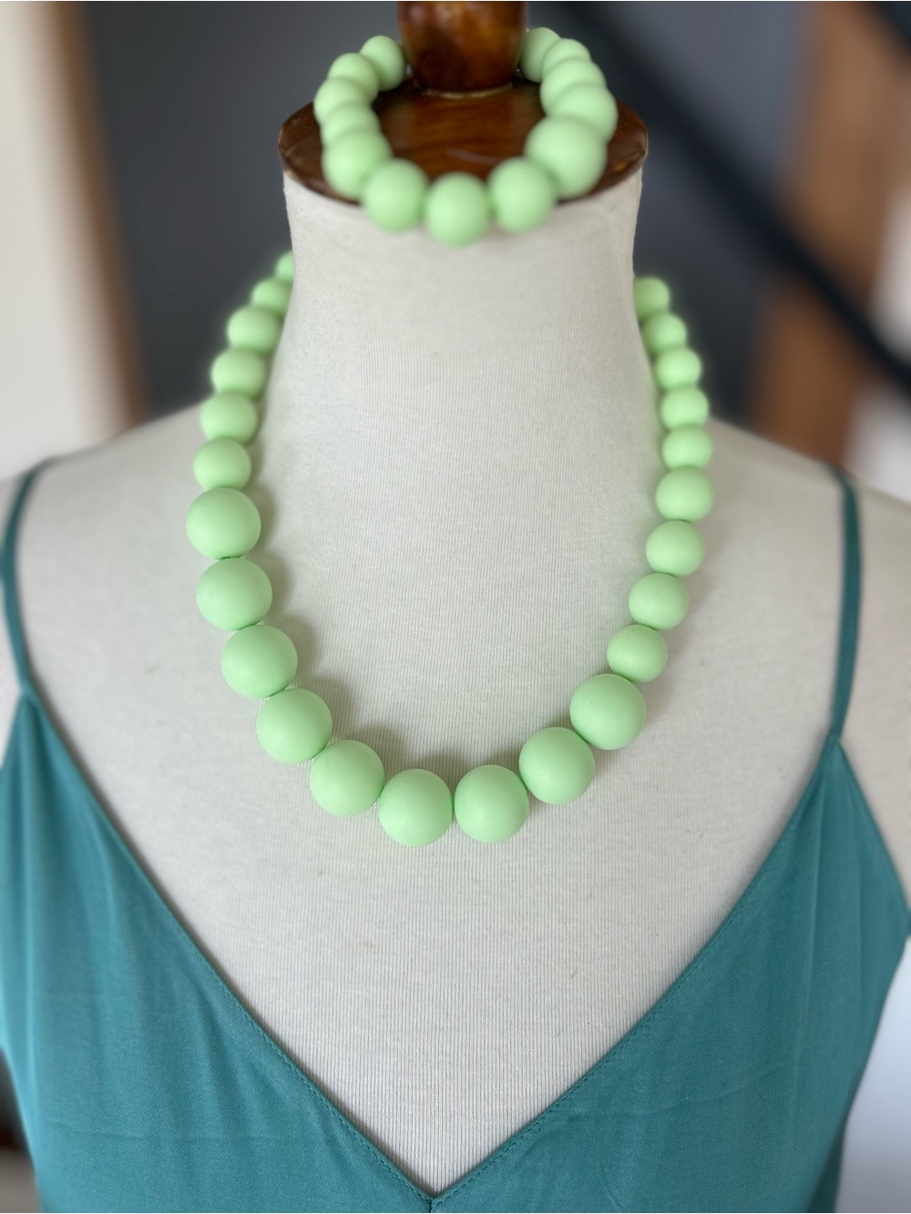 NEW Mint Green Chunky Beaded Necklace & Bracelet Set Starfish Coastal